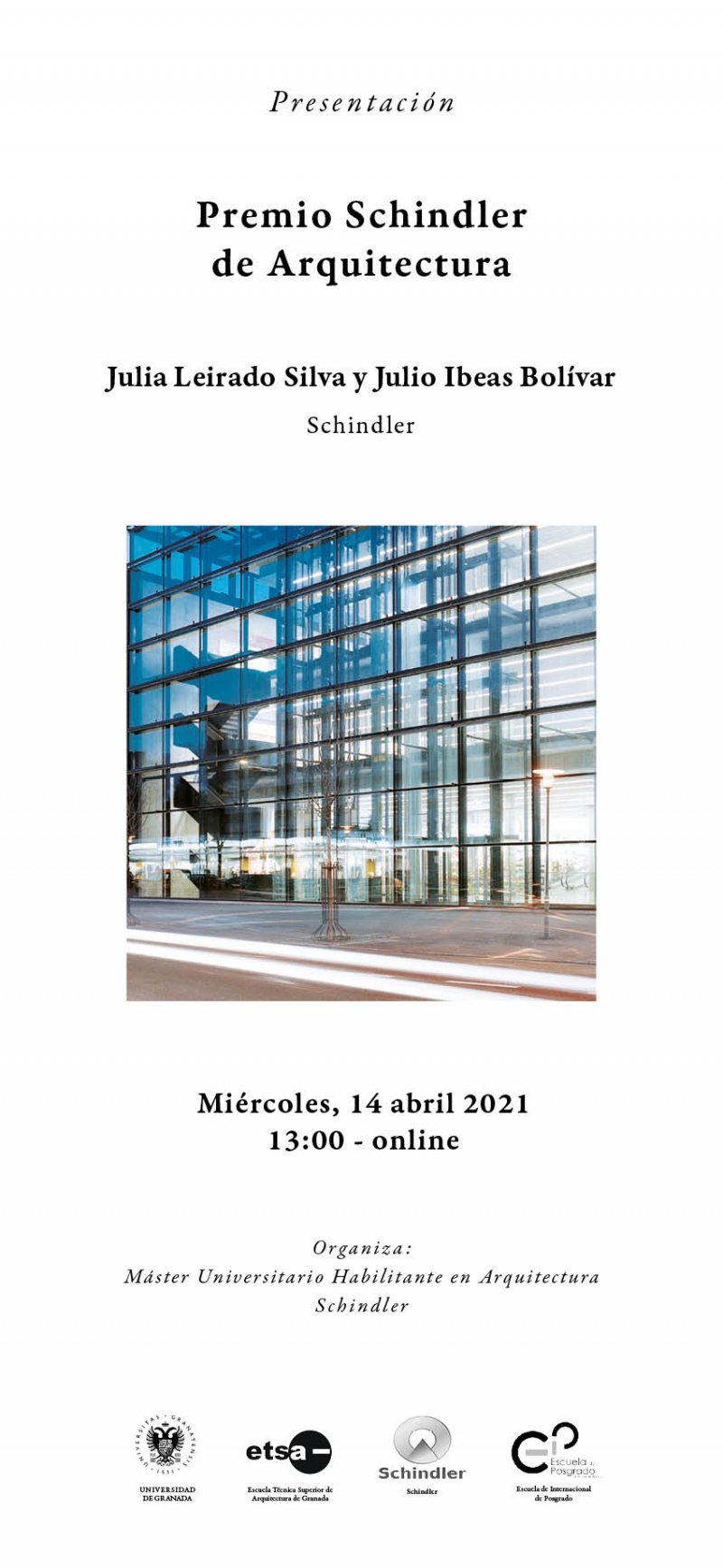 Cartel del Premio Schindler de Arquitectura, con la imagen de un edificio acristalado