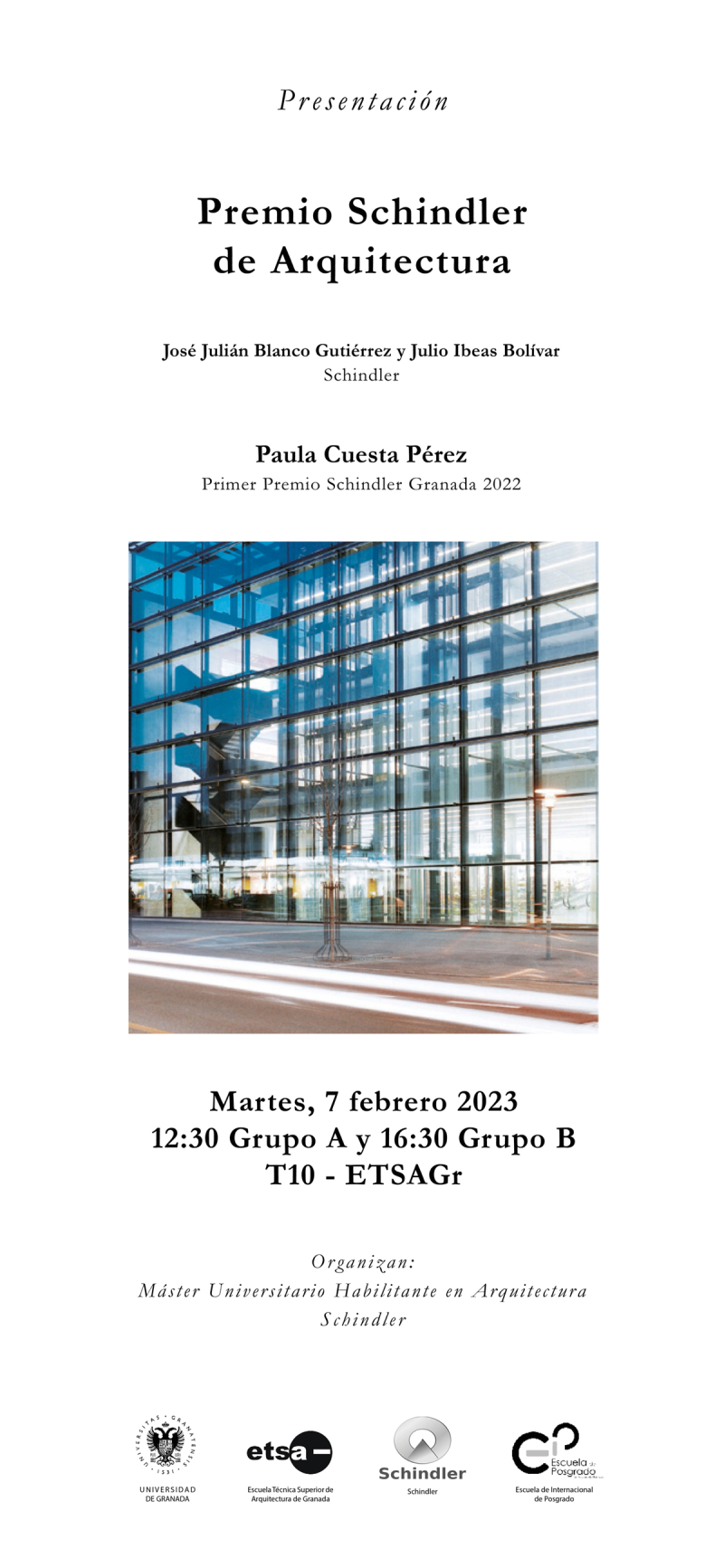 Presentación Premio Schindler 2023 Cartel de la Presentación del Premio Schindler de Arquitectura 2023