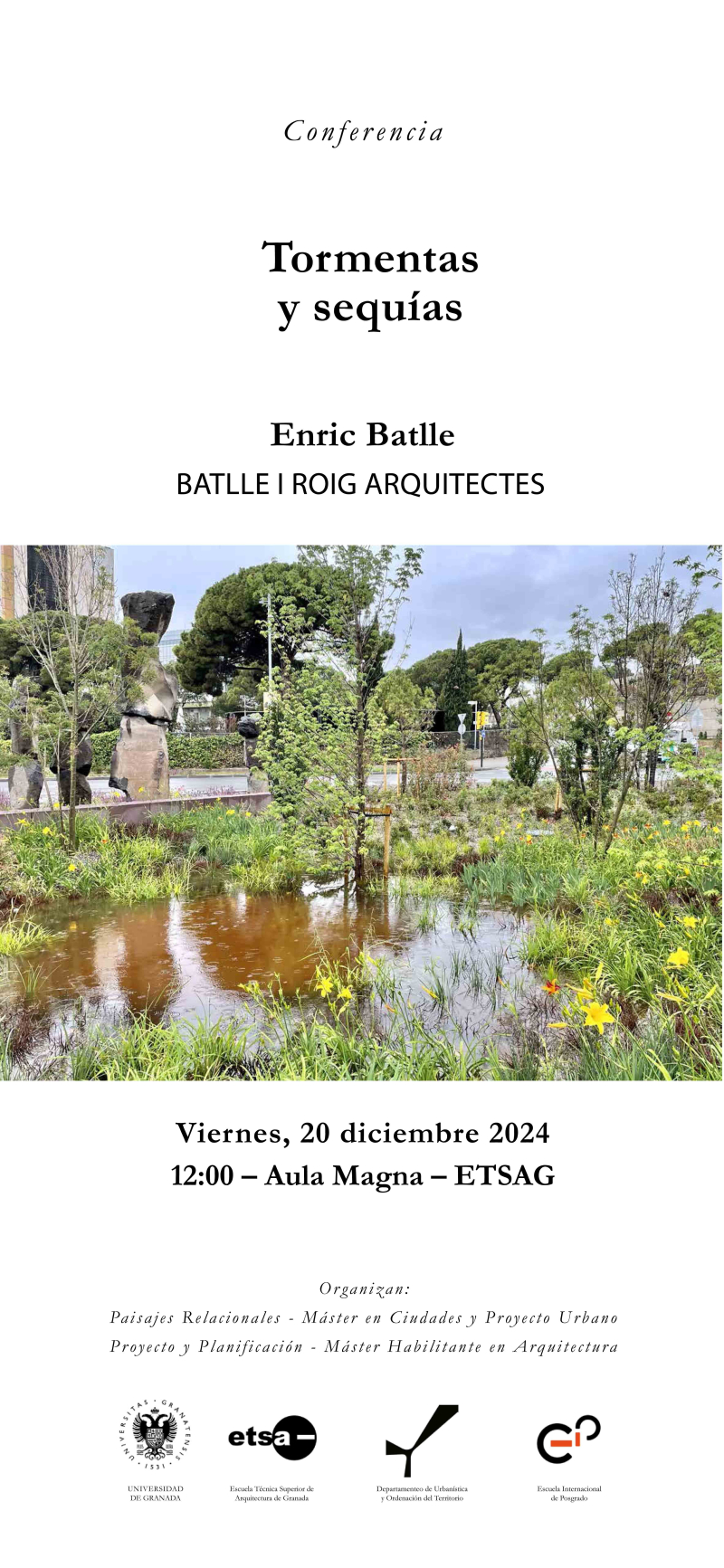 Conferencia Tormentas y sequías Cartel de la conferencia de Enric Batlle 2024