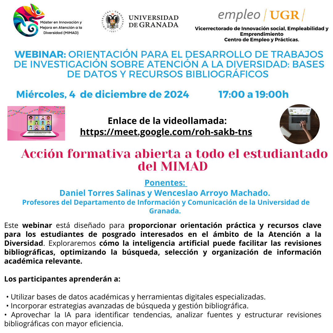 Imagen con información del WEBINAR: ORIENTACIÓN PARA EL DESARROLLO DE TRABAJOS DE INVESTIGACIÓN SOBRE ATENCIÓN A LA DIVERSIDAD