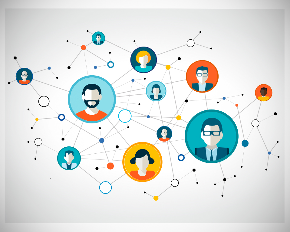 Iconos de personas en círculos conectados por líneas a los demás donde se puede leer: redes sociales, media y social