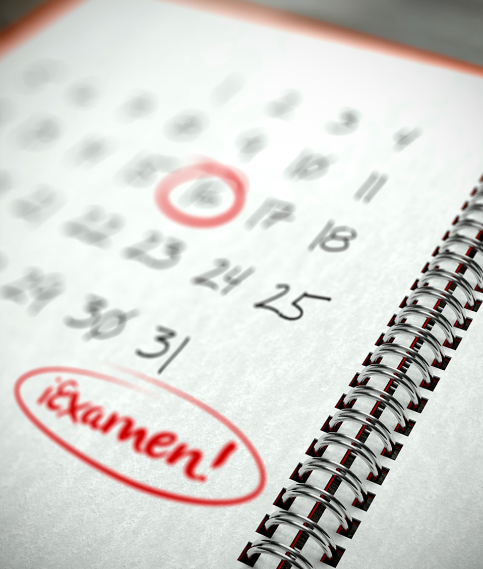 Calendario de exámenes donde en la parte de la derecha aparece escrito en rojo la palabra test mientras que en la izquierda se sitúan los días del mes
