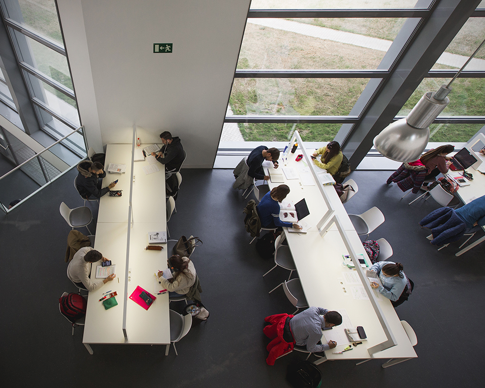 Vista cenital de un grupo de estudiantes haciendo uso de los lugares habilitados para el estudio en la sala de estudio localizada en el Parque Tecnológico de la Salud