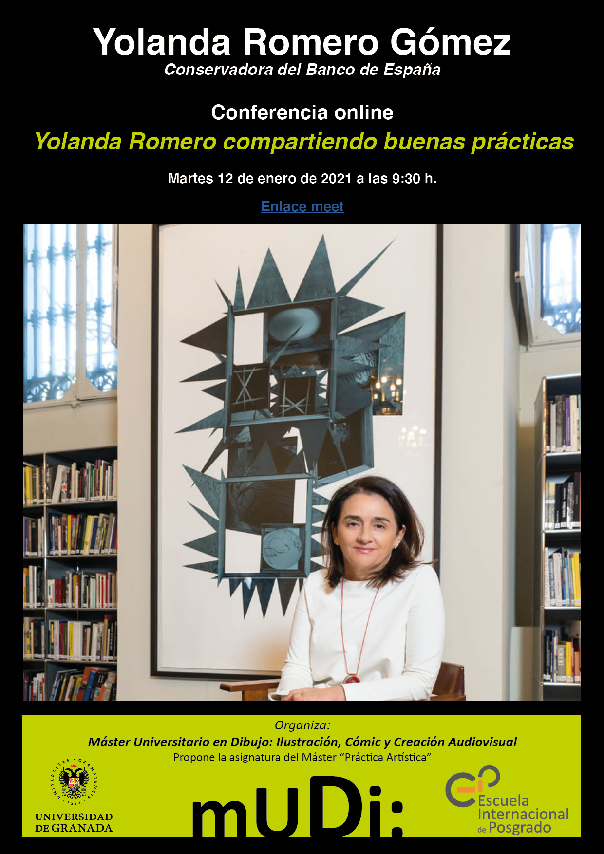 Cartel de la conferencia online "Yolanda Romero compartiendo buenas prácticas