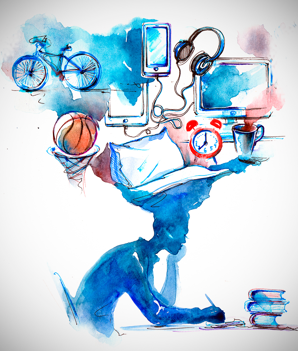Dibujo a acuarela que representa a una persona estudiando mientras muestra sus pensamientos mediante una bicicleta, una cama, un café...