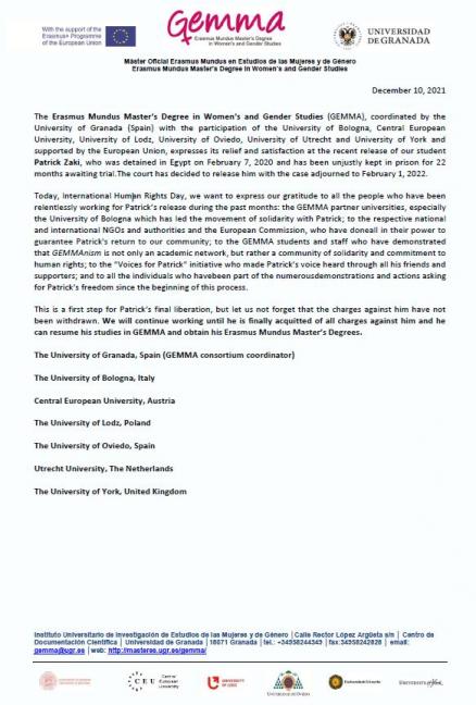 Official statement_GEMMA Consortium_Patrick Zaki December2021