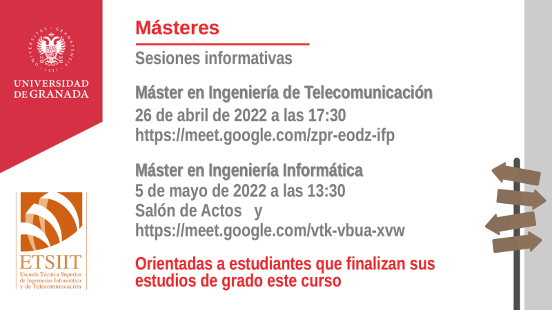 Sesión informativa sobre el máster de Ingeniería de Telecomunicación (curso 22/23) para alumnos de Grado. Cartel anunciador de la sesión informativa