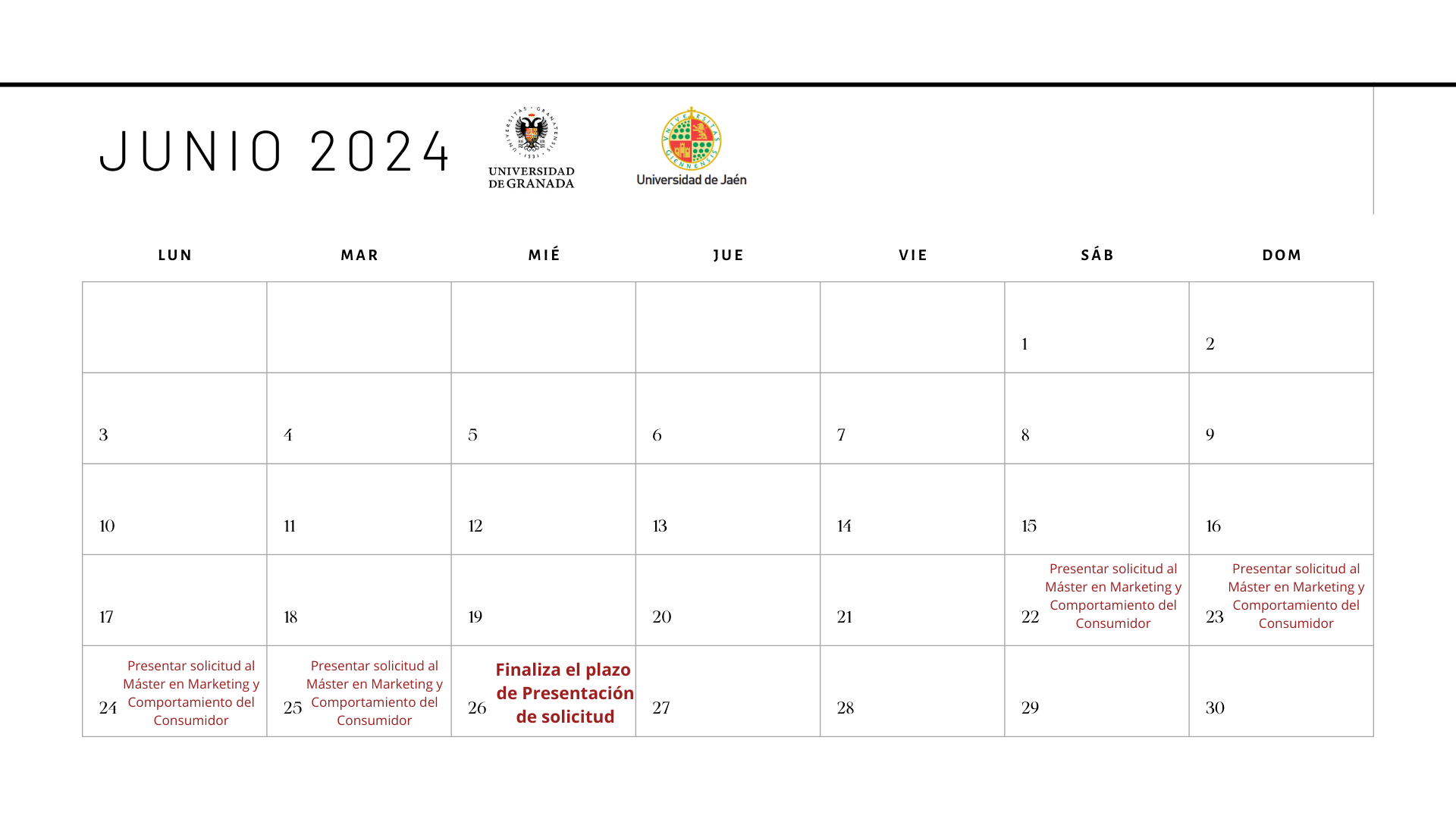 Calendario de Presentación de Solicitud