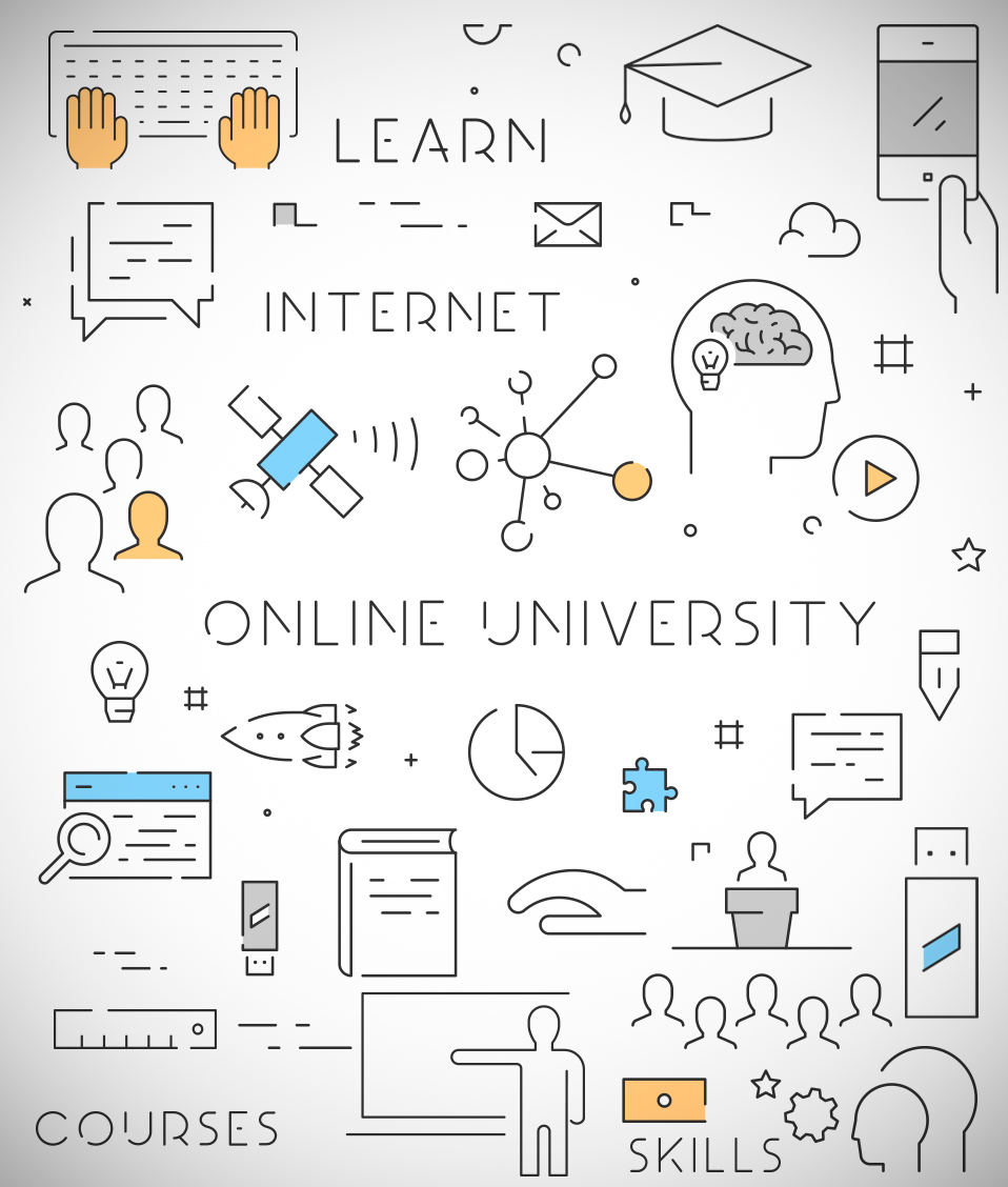 Diferentes iconos y conceptos se agrupan formando una imagen entorno al concepto de universidad online