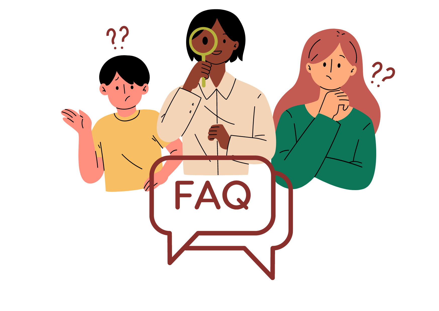 imagen con personas e interrogaciones, aparece un cartel en el que se lee "preguntas frequentes"